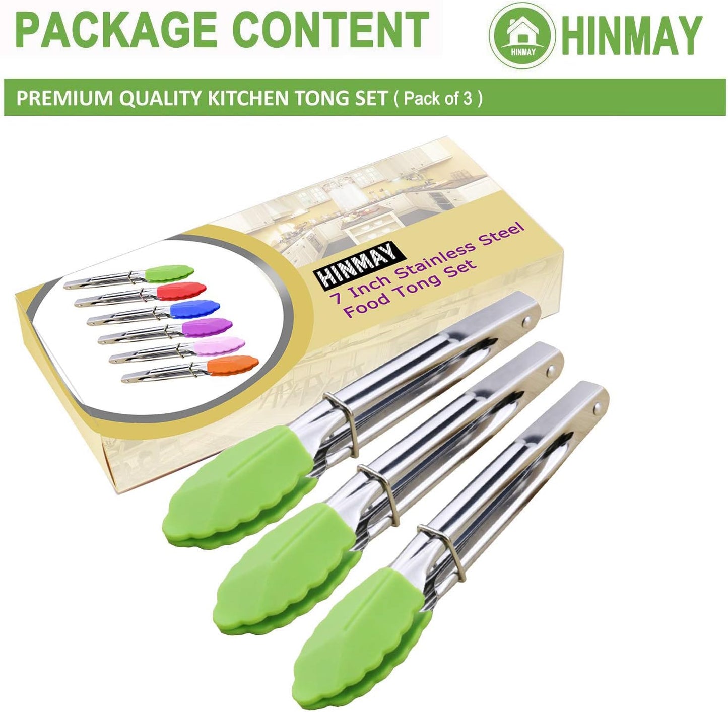 Mini Tongs with Silicone Tips 7 Inches Silicone Cooking Tongs, Set of 3 (Green)