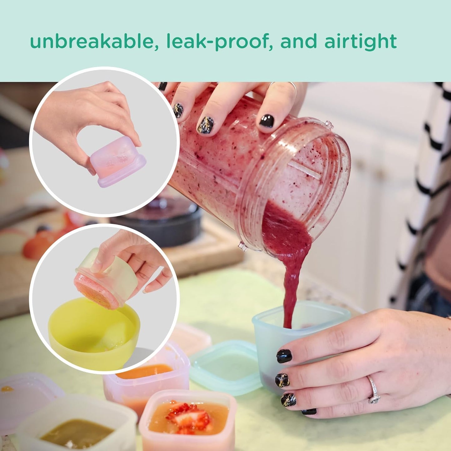 Olababy Clear Sense Silicone Storage Containers 4pk for Baby Food, Snacks, Formula, Puree, Sauce & More | Micro Plastic & BPA-Free | Daycare Essentials for Toddlers and Kids (Blueberry, 2 oz / 60 ml)