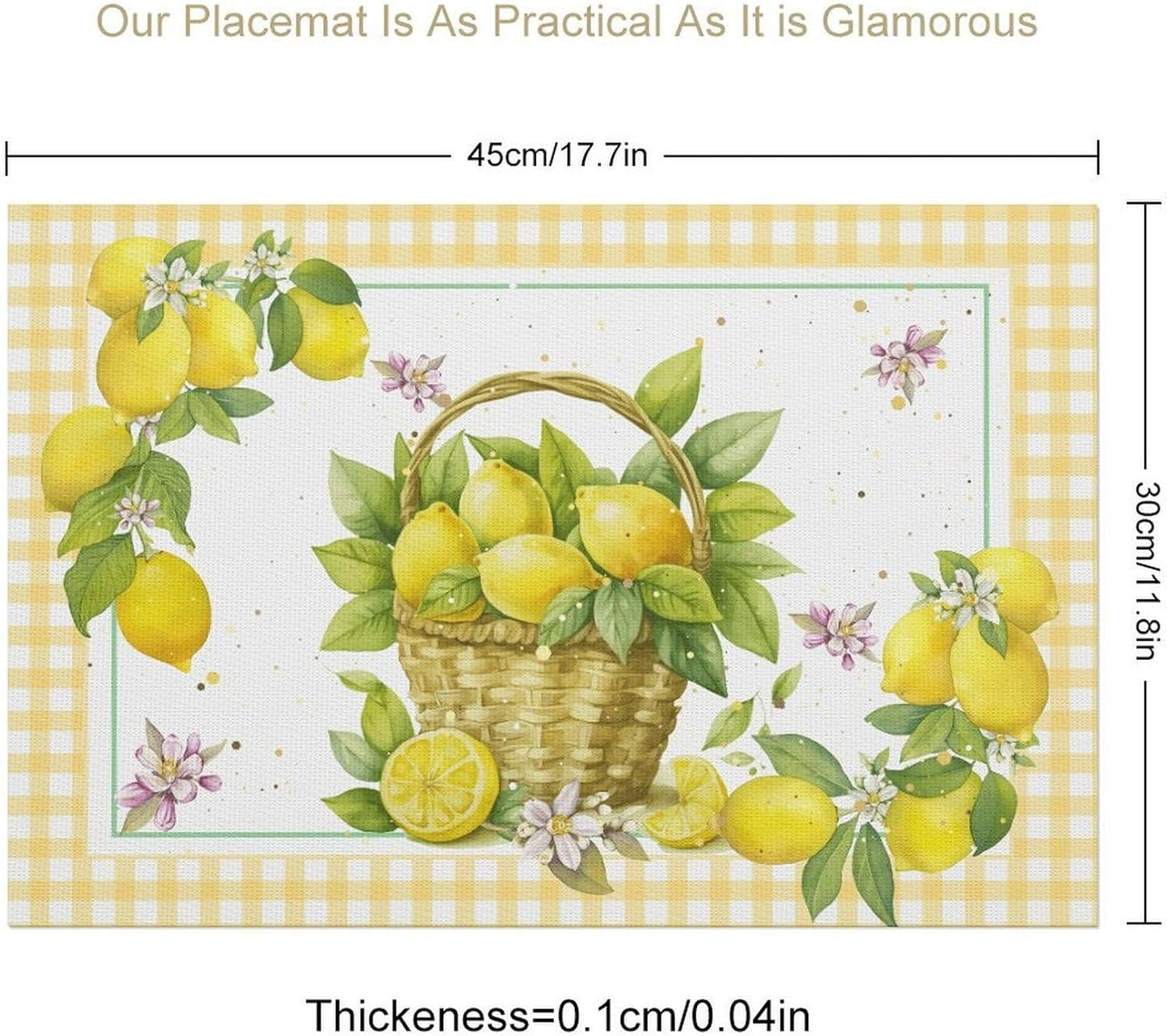 Yellow Lemon Placemats Set of 6, 12x18 Inch Summer Fruits Buffalo Plaid Baskets Floral Farmhouse Seasonal Spring Holiday Coffee Table Mats for Party Kitchen Dining Decoration