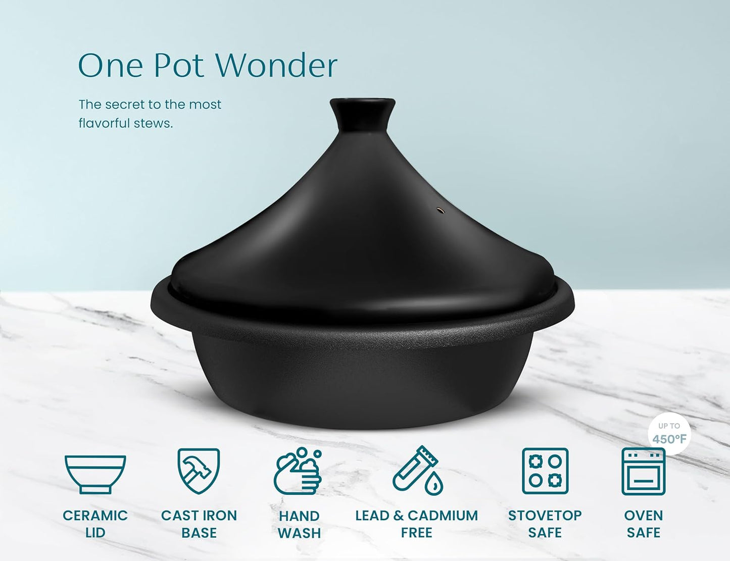 Kook Moroccan Tagine, Enameled Cast Iron Cooking Pot, Tajine with Ceramic Cone-Shaped Closed Lid, 3.3 QT (Matte Black)