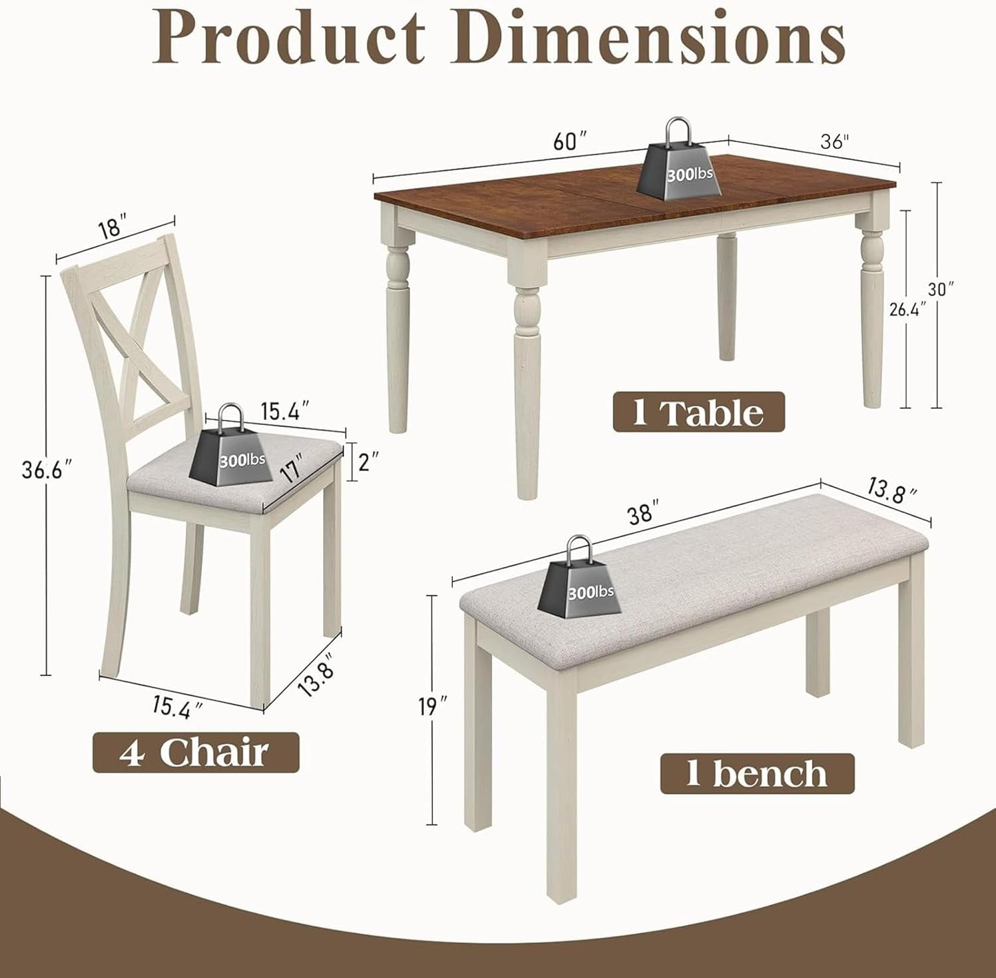 6-Piece Solid Wood Dining Table Set, Upholstered Chair w/Bench Seat, Seating for 6,60'' Farmhouse Wood Kitchen Chairs Set for Living Room, Dining Room, Kitchen, Cream White