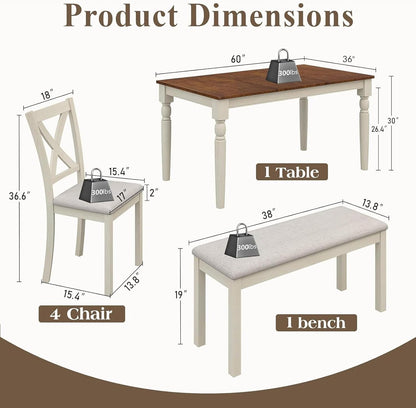 6-Piece Solid Wood Dining Table Set, Upholstered Chair w/Bench Seat, Seating for 6,60'' Farmhouse Wood Kitchen Chairs Set for Living Room, Dining Room, Kitchen, Cream White