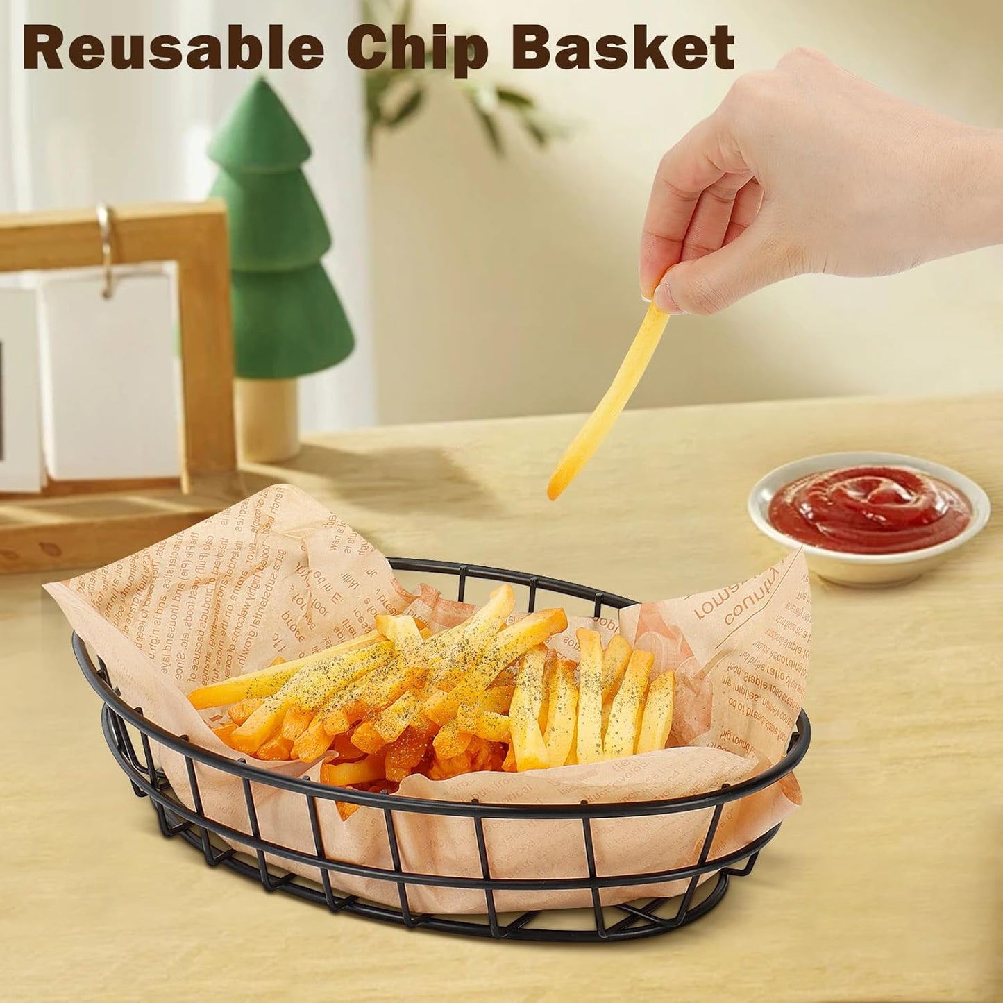 10 Pack Metal Fast Food Oval Baskets, Wire Bread Basket for Serving, Reusable Chip Burger Fruit Vegetables Bowl Storage for Kitchen Table, Restaurants, Snack Bar, 9.5" x 6.3" x 2"