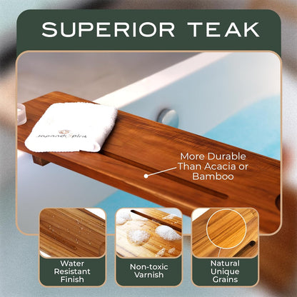 Grand Fjord | Teak Bathtub Tray for Large Soaking Tub | Extra Long 35” Luxury Bath Caddy for Freestanding Tubs | Minimalist Wooden Tub Tray with Candle Holders & Premium Towel by JapandiSpirit