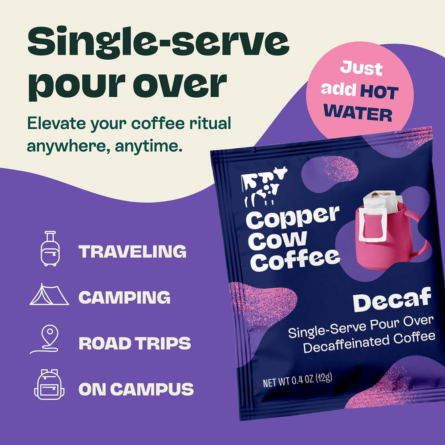 Copper Cow Coffee Premium Pour Over Single-Serve Vietnamese Coffee Pouches (8 pack) | Decaf | Dark Roast | Convenient Vietnamese Ground Coffee Packets, Travel Friendly