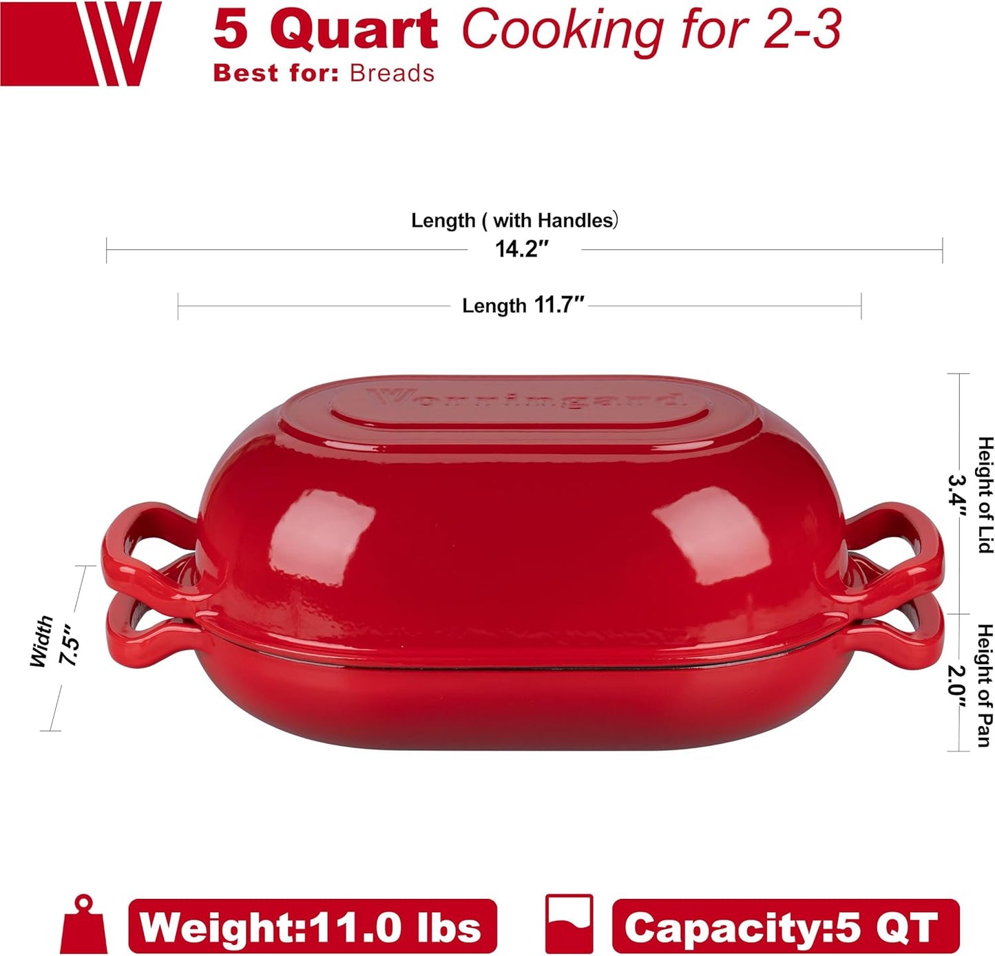 Enameled Cast Iron Sourdough Bread Oven, Dutch Oven, Loaf Cast Iron Bread Pan for Homemade Bread Baking, Meatloaf Pan with Lid, 5QT, Red