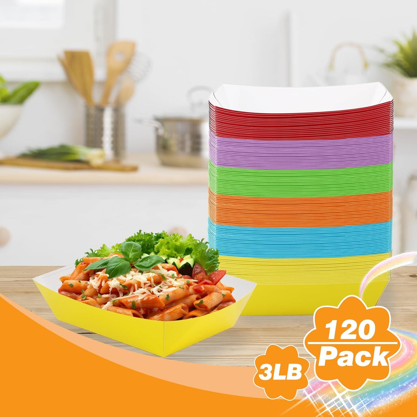 120 Pcs Colorful Paper Food Trays, 3 Lb Disposable Paper Boats, Disposable Nacho Trays, Colored Food Serving Boats for Snacks Hot Dog Nachos Sandwich Burger BBQ Dessert Popcorn Taco, 6 Colors