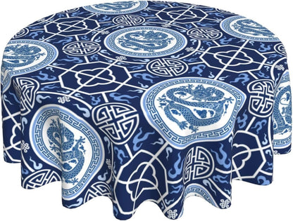 Chinoiserie Tablecloth Round, Traditional Zodiac Dragon Vintage Asian Style Oriental Luxury Water Resisitant Table Cover for Dining Kitchen Living Room Home Party Holiday Decor 70 inch Round