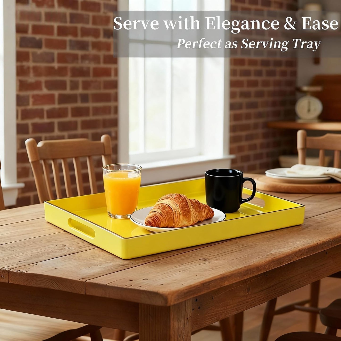 Zosenley Decorative Plastic Serving Tray with Handles, Modern Vanity Organizer for Bathroom, Kitchen, Ottoman and Coffee Table (Yellow, Rectangular)