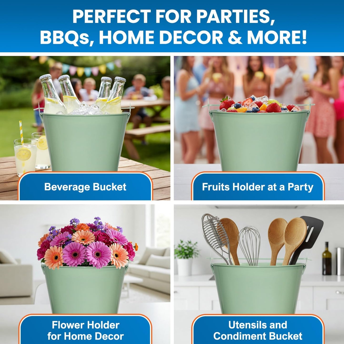 PLEXON Galvanized Metal Ice Bucket for Parties Coctail Bar Restaurant - Drink Beer Champagne Metal Pail Bucket with Handle, Beverage Chiller Cooler Small 1.3 Gallon, Green, Set of 6