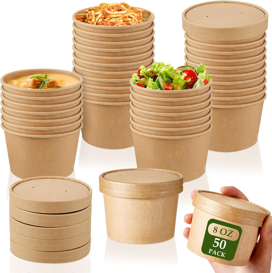 Sabary 50 Pack 8 oz Paper Soup Containers with Lid Disposable Kraft Soup Food Bowl Microwavable Food Storage Ice Cream Containers Nice for Restaurants (Brown)