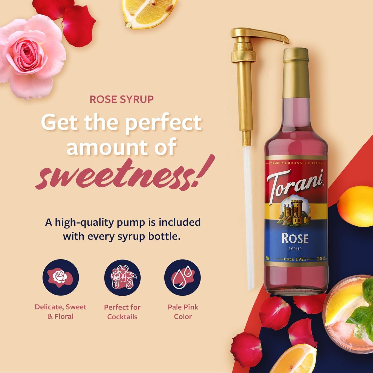 Torani Rose Syrup for Drinks, Flavoring for Tea, Lemonade, Sodas, and Cocktails, Glass Bottle with Pump Included, 25.4 Fl Oz