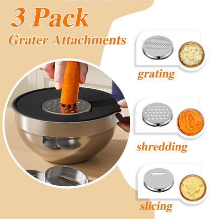 Mixing Bowls with Lids Set, 6 PCS Stainless Steel Mixing Bowls with 3 Grater Attachments, Kitchen Food Storage Organizers Nesting Mixing Bowl, Large Size 4.5, 3.5, 2.1, 1.5, 1.1, 0.7QT-Black