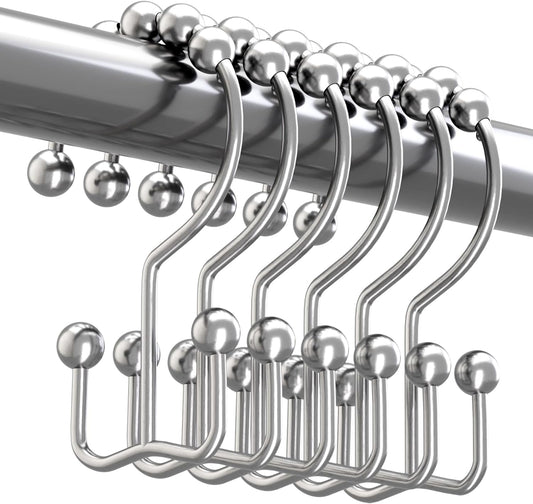 Titanker Shower Curtain Hooks Rings, Rust-Resistant Metal Double Glide Shower Hooks for Bathroom Shower Rods Curtains, Set of 12 Hooks - Chrome
