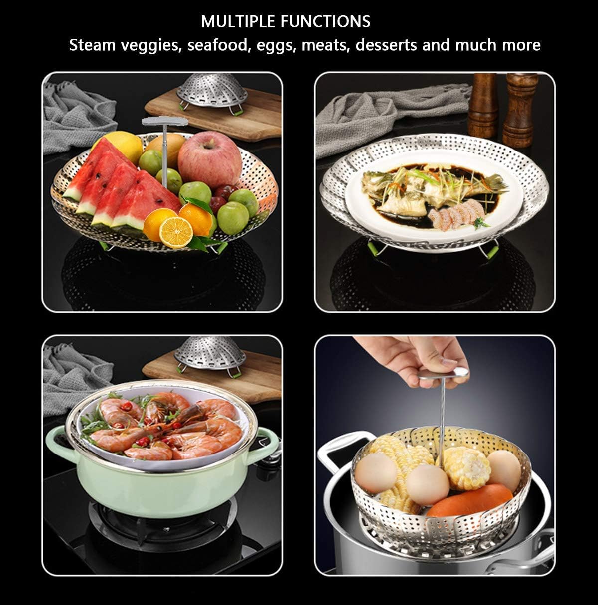 Stainless Steel Veggie Steamer Basket with Folding Handle - Expandable to Fit Pots 6.4" to 10"