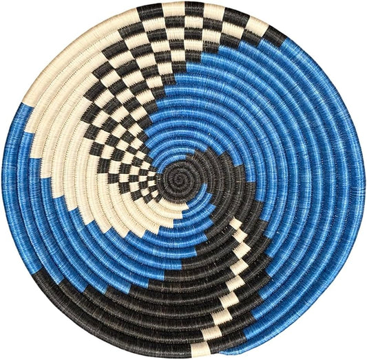 Handwoven African Basket Handmade sisal Fruit Bowl Wall Hanging decorative Baskets for Home Living Room Kitchen Centerpiece Zen Designs Arts and Crafts (Swirl Blue Black, 8in diameter)
