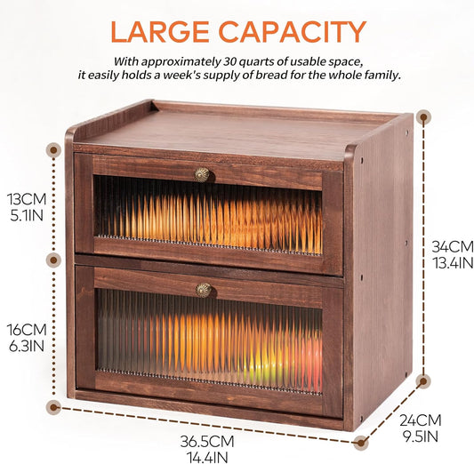 Solid Wood Bread Box for Kitchen Countertop with 50 Count Deli Paper, Double Layer Large Capacity Wooden Breadbox, Vintage Food Storage Container for Kitchen Counter Corner, Brown