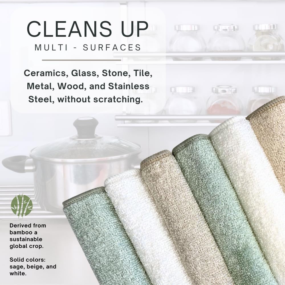 Whiffkitch Dishcloths Dishrags for Kitchen and Household Cleaning 6x7 6-Pack Non-Scratch 2-Ply Weave, Rayon Derived from Bamboo, Absorbent, Washable, Long-Lasting