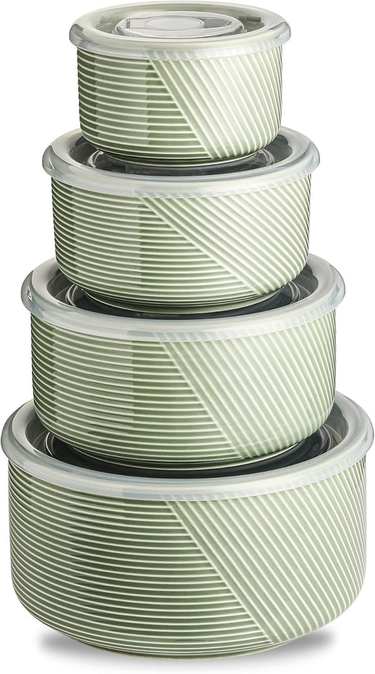 Ceramic Nesting Bowls with Lids: Mixing Bowls with Lids - Porcelain Food Storage Containers For Prep and Serving, Microwavable Kitchen Bowl Set of 4, 50/32/20/10 oz (Green)