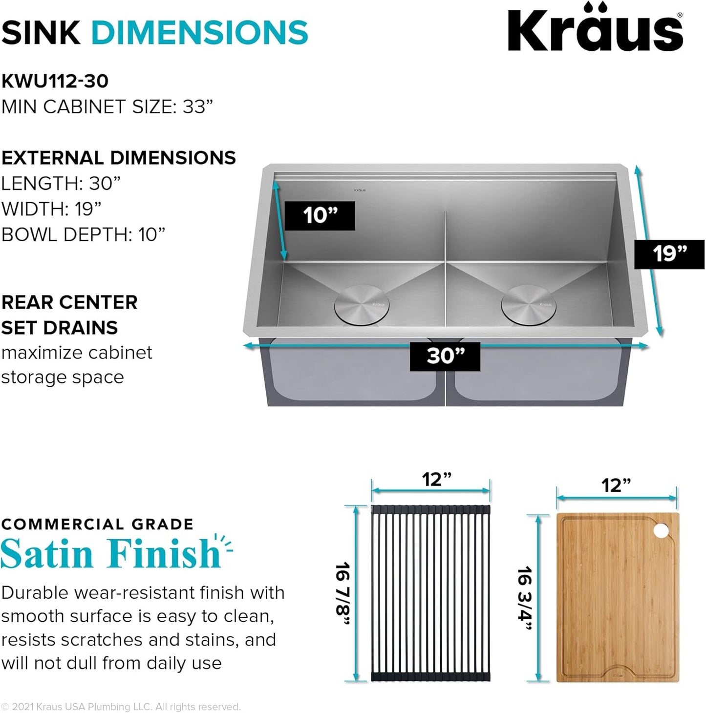 KRAUS Kore Workstation 30-inch Undermount 16 Gauge Stainless Steel Kitchen Sink, Double Bowl Kitchen Sink with Accessories, KWU112-30