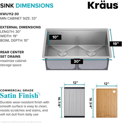 KRAUS Kore Workstation 30-inch Undermount 16 Gauge Stainless Steel Kitchen Sink, Double Bowl Kitchen Sink with Accessories, KWU112-30