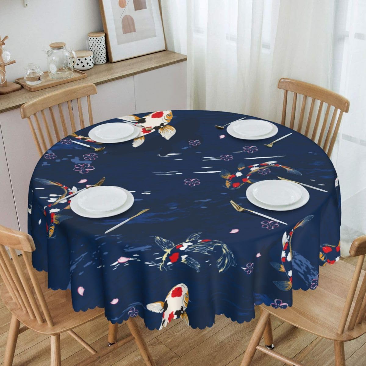 Cherry Blossom Tablecloth, Pink Traditioanal Oriental Chinese Floral Sketch Farmhouse Water Resisitant Wipeable Table Cover for Dining Kitchen Living Room Home Party Holiday Decor 70 inch Round