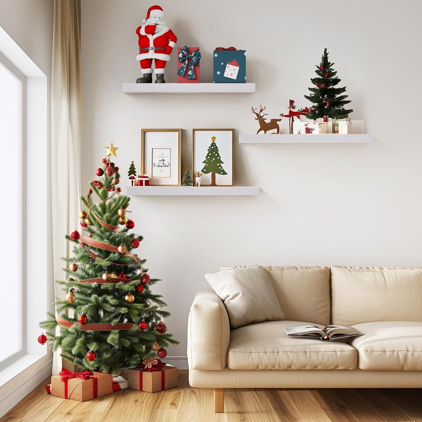 BAYKA White Floating Shelves for Wall, 22.5 inches Wall Mounted Rustic Wood Shelves for Bathroom, Bedroom, Living Room, Floating Shelves for Books/Storage/Decor (Set of 3)