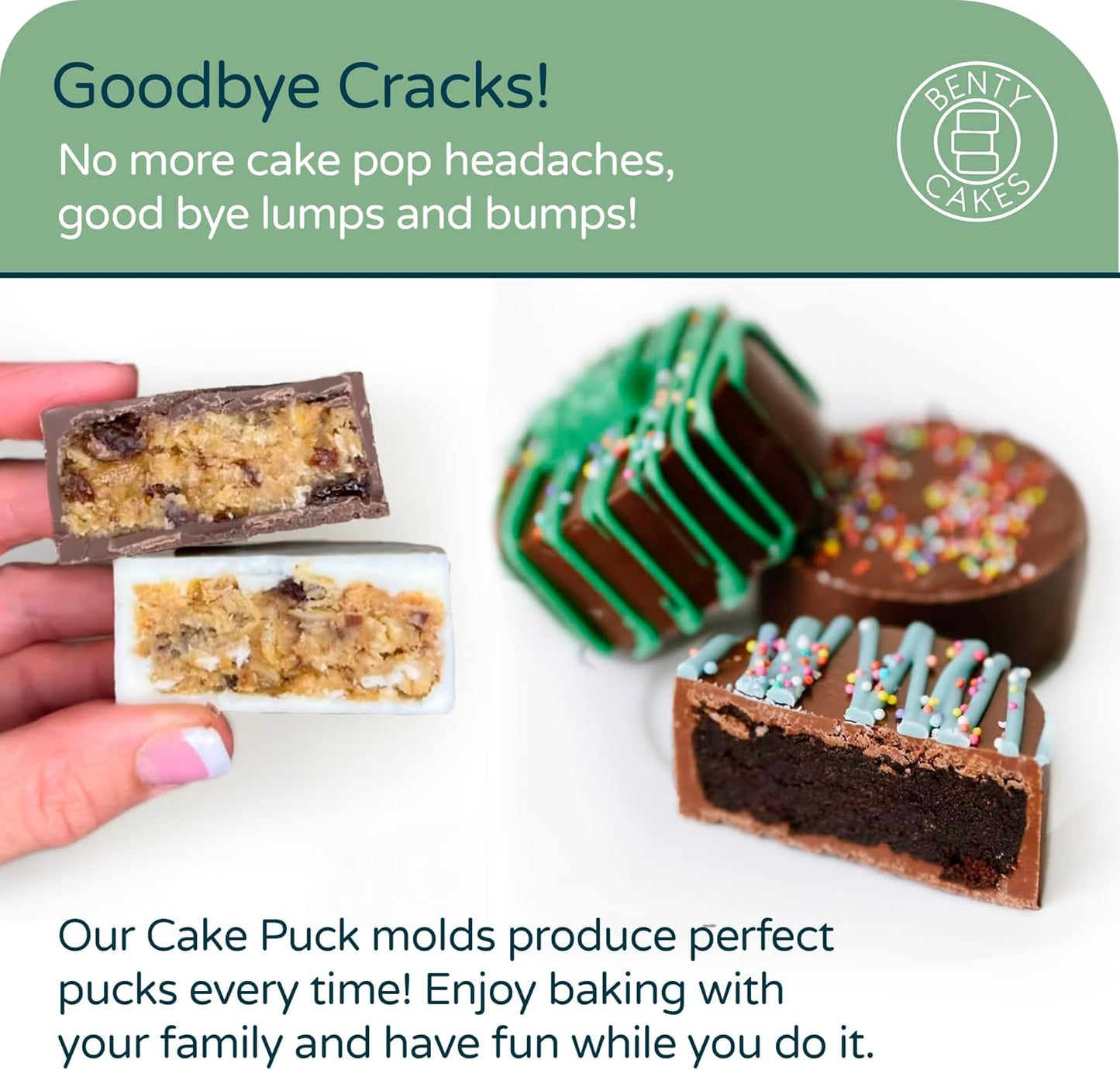 Benty Cakes – The Original CakePuck Bonus Bundle Set – Better than a Cake Pop! Make Chocolate Covered Desserts – BPA Free Silicone – Includes 1 Mold Set, 2 Trays and 2 Scrapers – Green