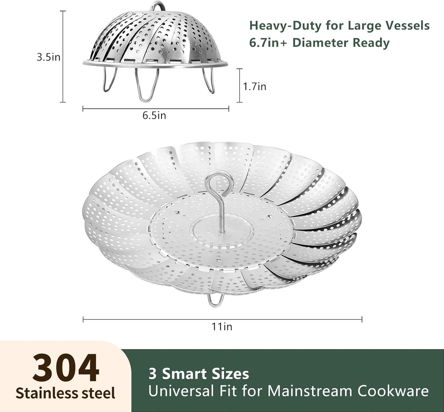 Steamer Basket for Cooking 304 Stainless Steel Entirely Thickened,Collapsible Steamer Insert for Pots, Fits Instant Pot/Skillets (6.5'' To 11‘’)