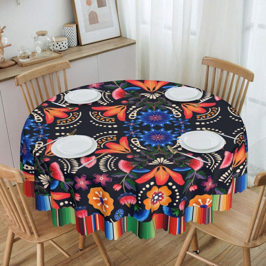 Mexican Round Tablecloth, Traditional Floral Tile Dia De Los Muertos Azulejo Mosaic Mexico Water Resisitant Table Cover for Dining Kitchen Living Room Home Party Holiday Decor 70 inch Round