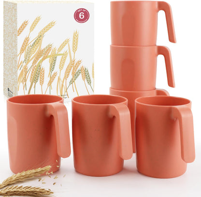 Wrova 16oz Wheat Straw Cups with handles set of 6-Plastic Cups Reusable-Unbreakable Kids Mugs-Dishwasher Safe & Microwave Safe-Ideal Plastic Mugs for Tea,Coffee,Camping,RV-Orange