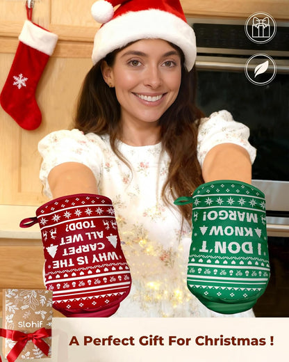 Slohif Mini Christmas Funny Oven Mitts Set – Extended Short Heat Resistant Kitchen Gloves for Women, 100% Cotton Oven Mitts with Silicone Grips, Non-Slip and Thick Durable for Cooking & Baking
