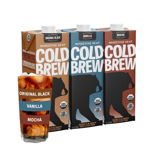 Wandering Bear Organic Cold Brew Coffee Variety Pack - Extra Strong, Bold, Smooth, Unsweetened, Shelf-Stable, Ready to Drink, Iced Cold Brewed Coffee Drink - 32 fl oz (3pk - Vanilla, Black, Mocha)