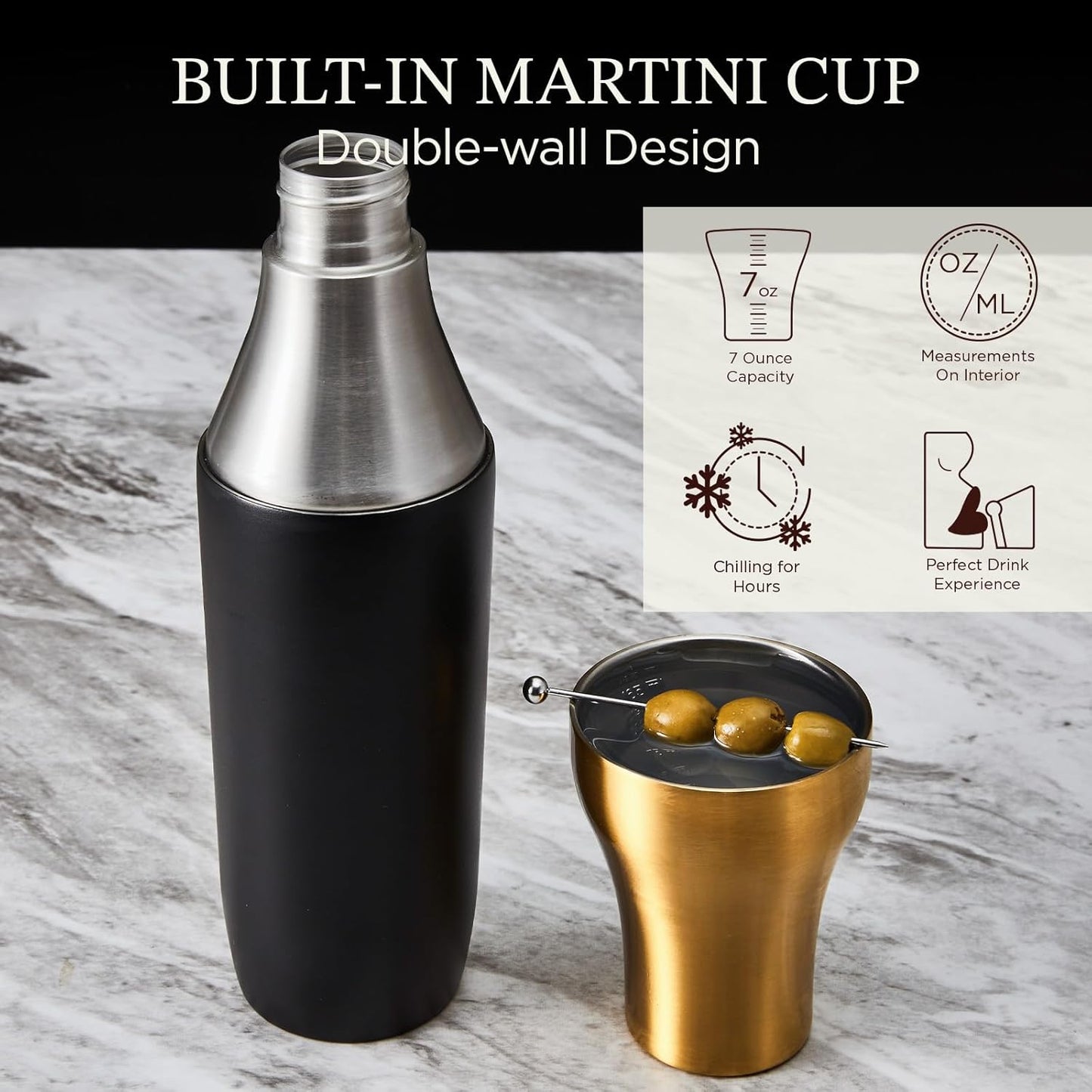 Kitessensu Hybrid Cocktail Shaker | Vacuum Insulated Stainless Steel Martini Shaker with Double Wall Martini Cup | Integrated Measuring System | Tumbler Lid & Cocktail Recipes Included | Crown