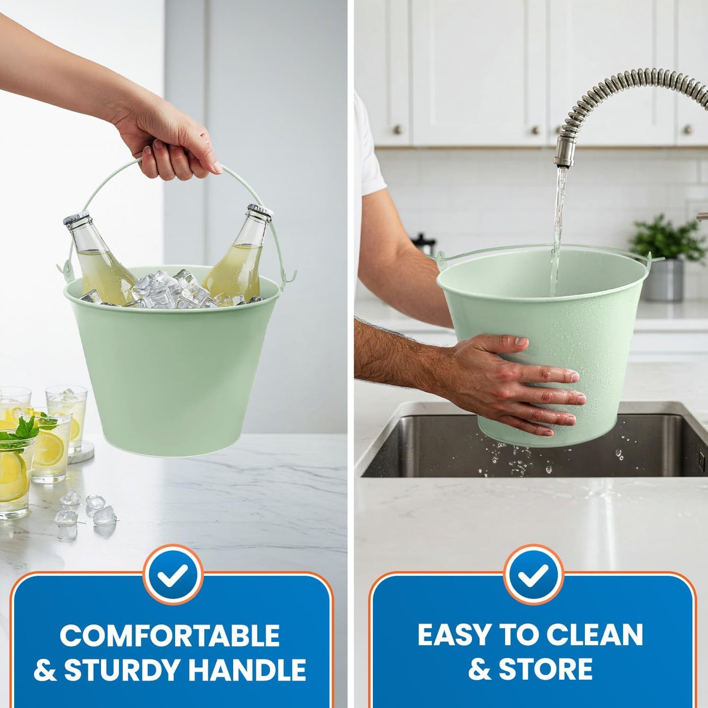 PLEXON Galvanized Metal Ice Bucket for Parties Coctail Bar Restaurant - Drink Beer Champagne Metal Pail Bucket with Handle, Beverage Chiller Cooler Small 1.3 Gallon, Green Set of 2