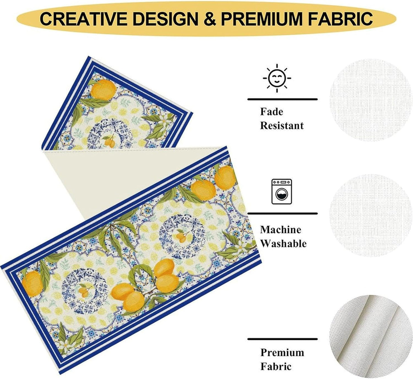 Lemon Tiles Table Runner, Summer Fruit Yellow Lemon Mediterranean Ceramic Watercolor Farmhouse Table Runner for Coffee Table Home Party Kitchen Dining Table Wedding Party Decor 13x72