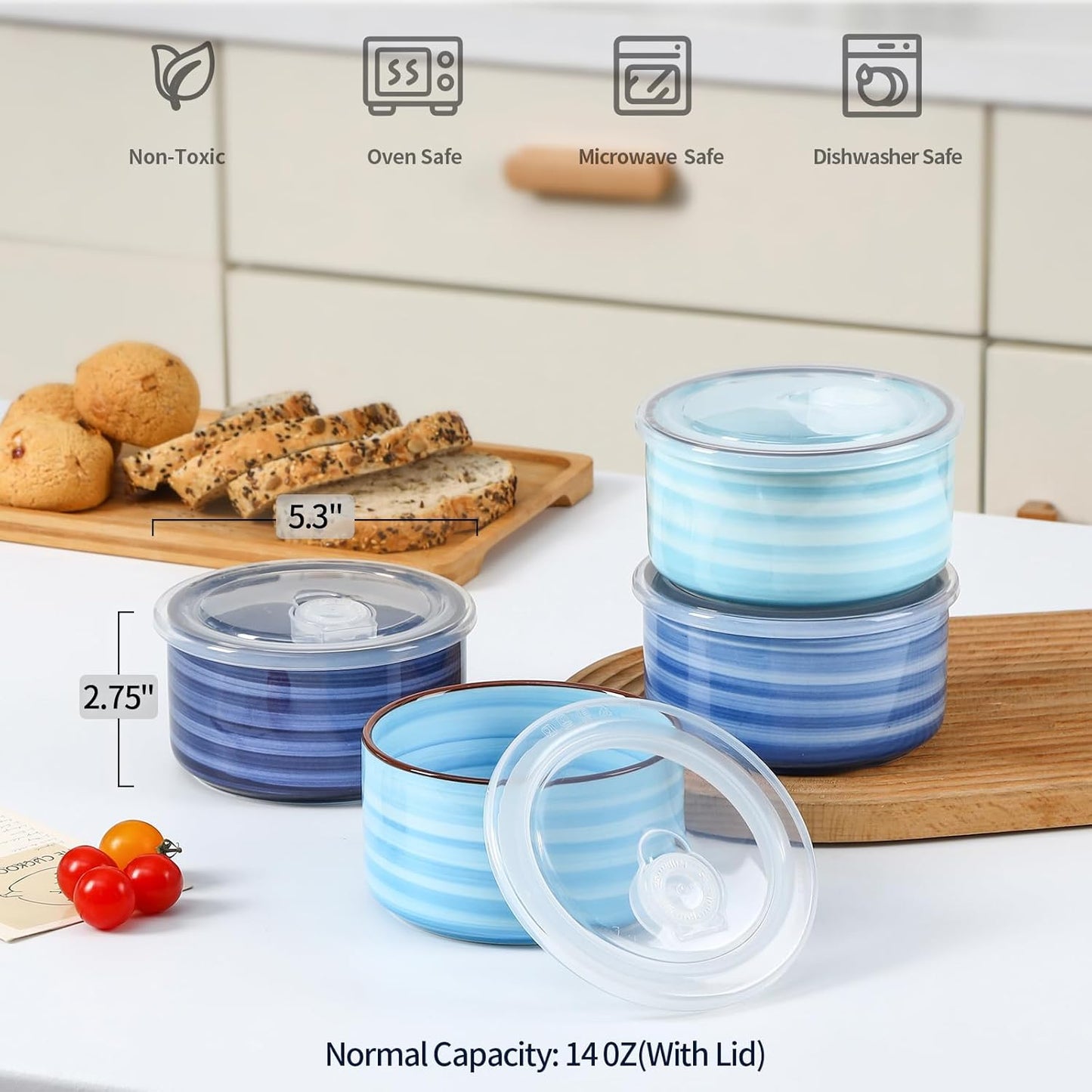 Selamica Ceramic Bowls with Lids, 14 OZ Microwave Safe Bowls with Lids for Lunch Picnic, 5 Inch Ceramic Food Storage Containers for Leftovers, Soup, Salad, Meal Prep, Cereal, Set of 4, Gradient Blue