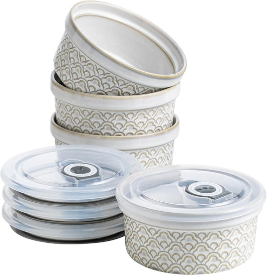 12 oz Ramekins with lids Oven Safe, Ceramic Creme Brulee Ramekins with Covers, Cute Ramekin Sets, Small Serving Baking Bowls food storage containers set of 4, Beige Cloud