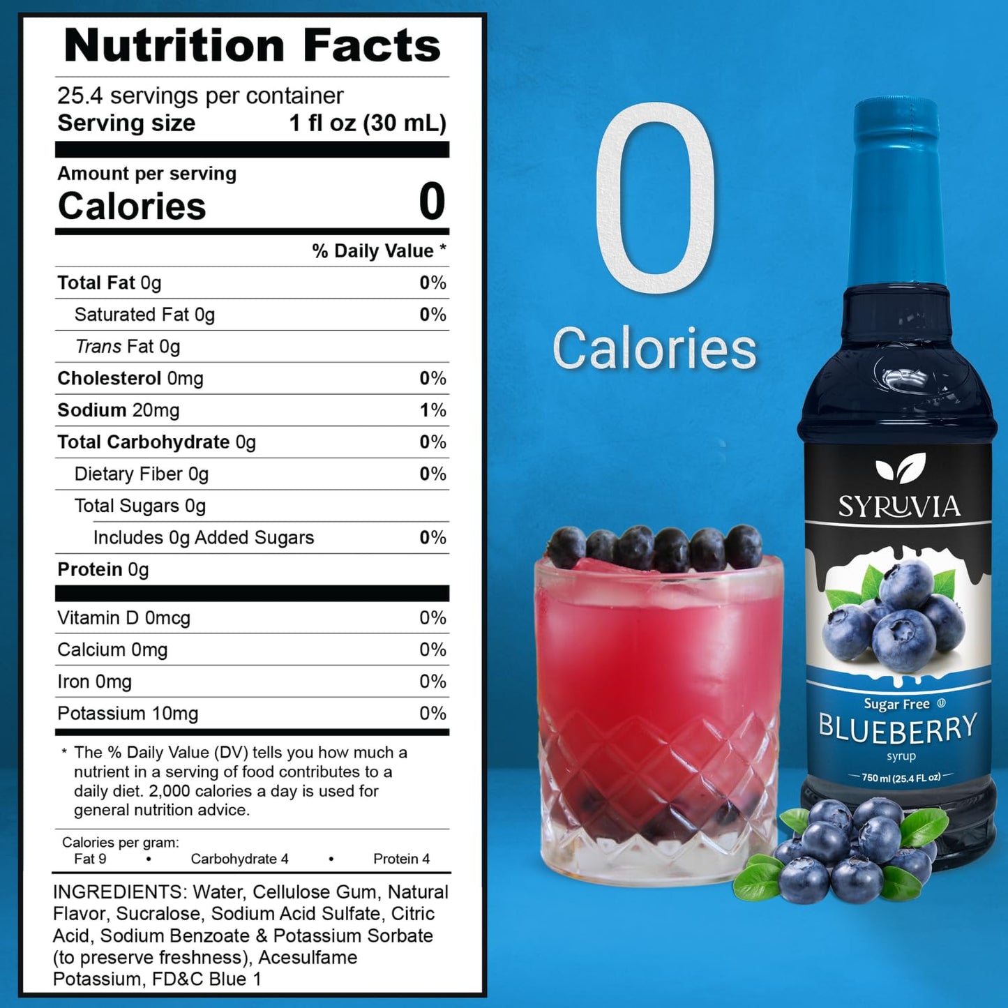 Syruvia Sugar-Free Blueberry Syrup, Flavored Syrup for Drinks, Cocktails, Lemonades, Iced Teas, and Desserts – 25.4 fl oz