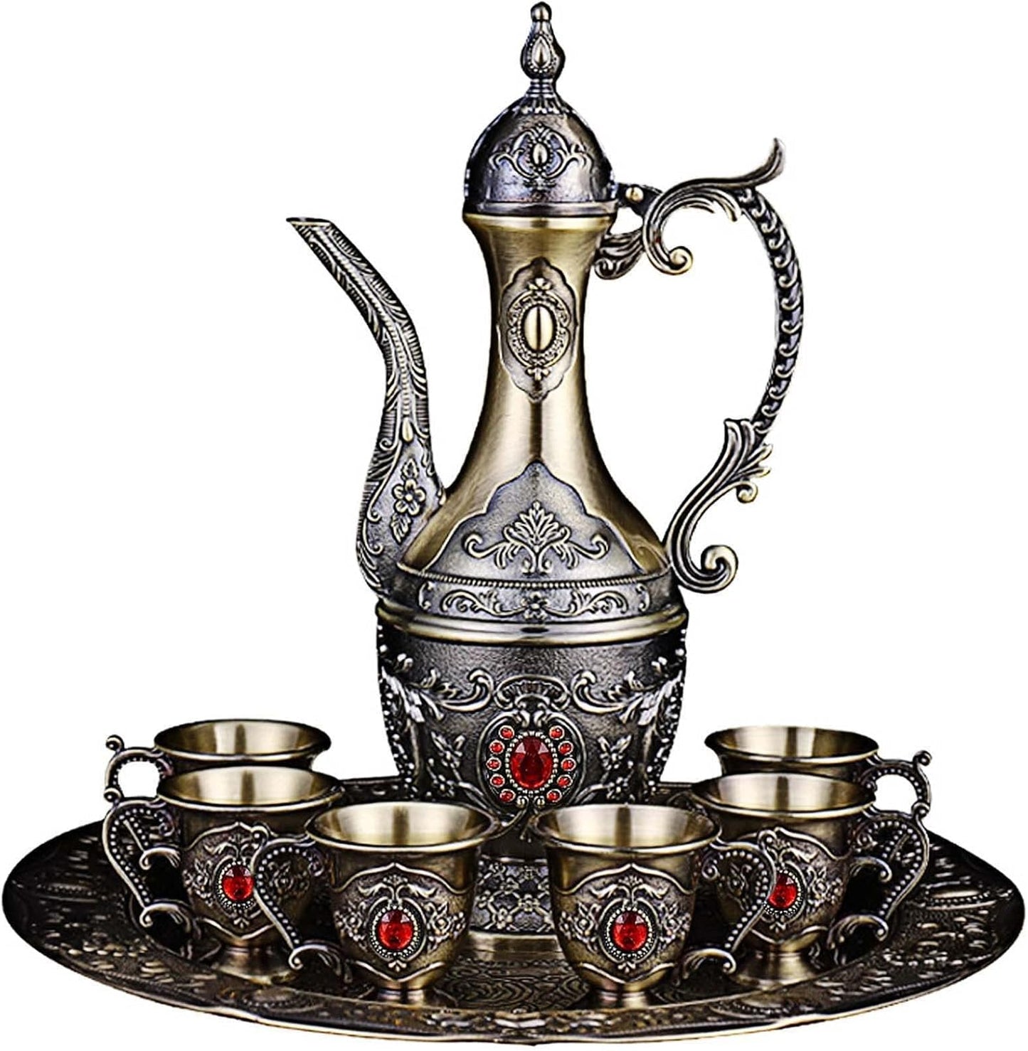 Vintage Turkish Coffee Pot and Cups Set,Tea Service Set Including Teapot,Tea Tray and Metal Cups for Wine Cabinet Decor,Wedding Ornaments (Bronze with Red Crystal)