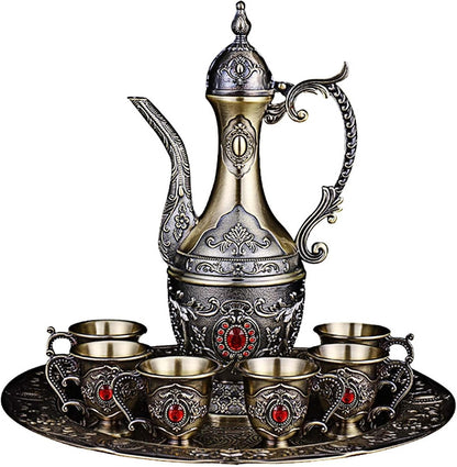 Vintage Turkish Coffee Pot and Cups Set,Tea Service Set Including Teapot,Tea Tray and Metal Cups for Wine Cabinet Decor,Wedding Ornaments (Bronze with Red Crystal)