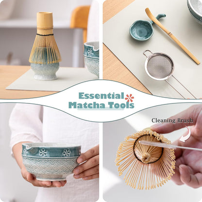 Matcha Tea Set, 8 Pcs Japanese Matcha Kit with Cherry Blossom and Wave Design Ceramic Bowl, Bamboo Whisk, Whisk Holder, Scoop, Sifter, Brush, Matcha Kit Set for Matcha Lovers (Blue Gradient)