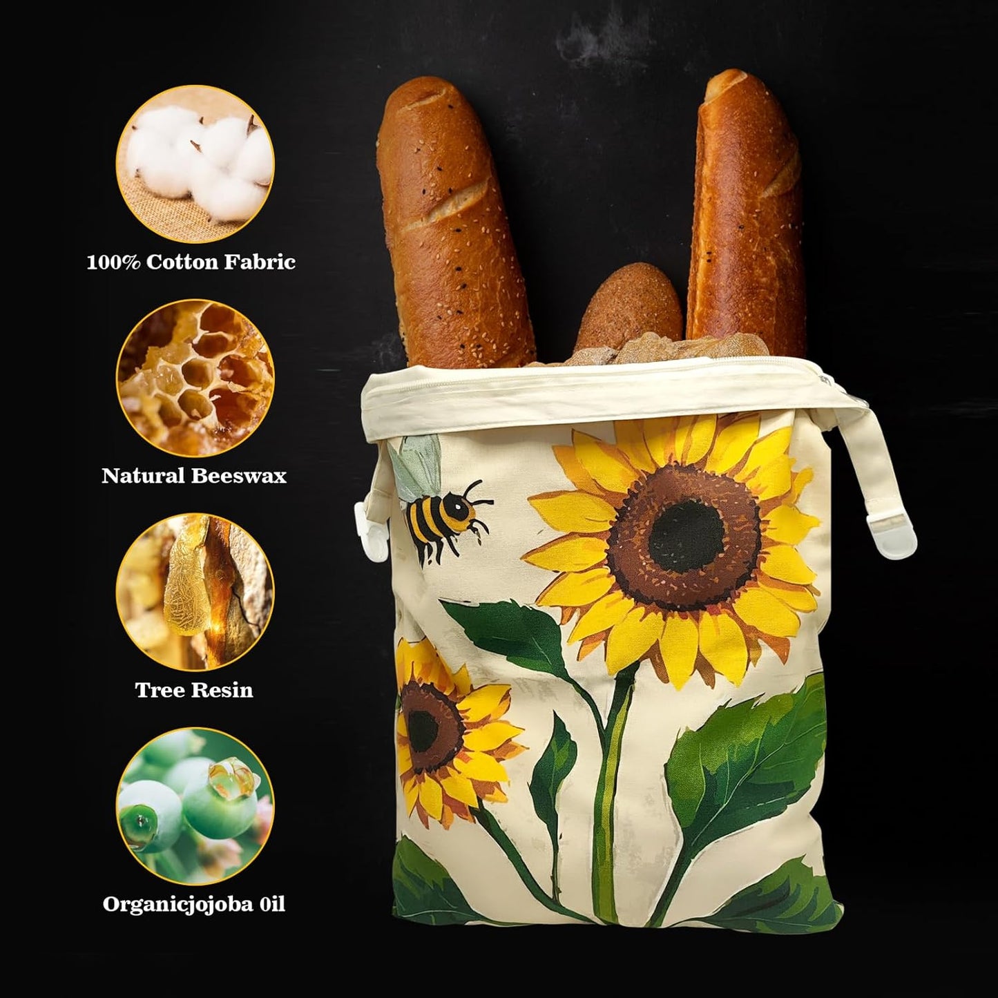 Beeswax Bread Bags for Sourdough 2 Pack 13"x17" Eco-Friendly Reusable Linen Cotton Storage Bags with Zipper Closure for Homemade Bread Fresh-Keeping, Freezer-Safe Sunflower