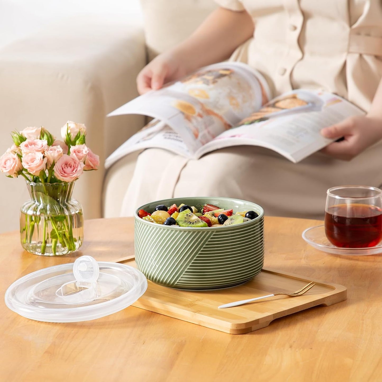 Large Ceramic Bowls with Lids: 32 oz Microwave Safe Food Storage Containers for Soup Salad Meal Prep Lunch Picnic Camping - 6 Inch, Set of 4 (Pea Green)