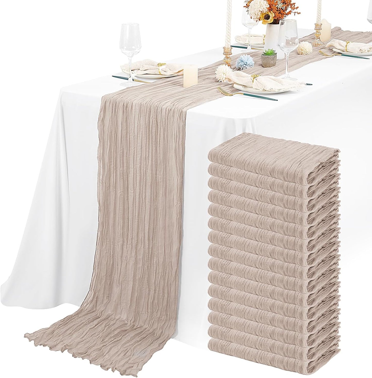 15 Packs Cheesecloth Table Runner - Grey, 10 Ft Brown Grey Rustic Gauze Boho Wedding Table Runner Decoration, 21.5x120in