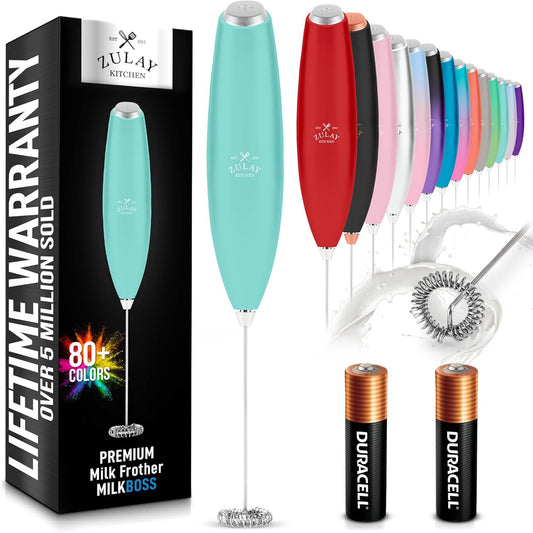Zulay Kitchen Milk Frother Handheld Electric Whisk with AA Duracell Batteries – Durable Drink Mixer for Coffee, Lattes, Cappuccinos & More - Mint