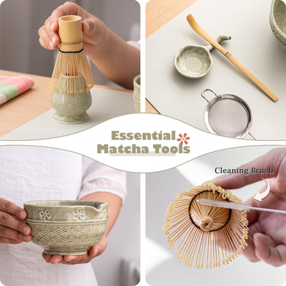 Matcha Tea Set, 8 Pcs Japanese Matcha Kit with Cherry Blossom and Wave Design Ceramic Bowl, Bamboo Whisk, Whisk Holder, Scoop, Sifter, Brush, Matcha kit Set for Matcha Lovers (Matcha Green)