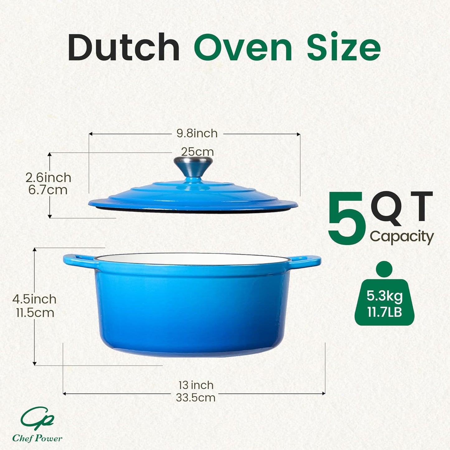 Chef Power Dutch Oven Pot with Lid 5QT, Enameled Cast Iron Dutch Oven for Bread Baking, Braising, Stews, Roasting, Oven Safe Dutch Ovens, Gradient Blue