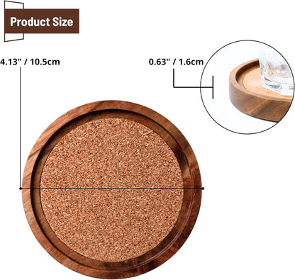 Wood Coasters for Drinks with Wooden Holder, Wooden Coaster with Cork for Tabletop Protection, Drink Coasters for Coffee Table, 4.13 Inch, Set of 6 (Modern Coasters with Metal Holder)