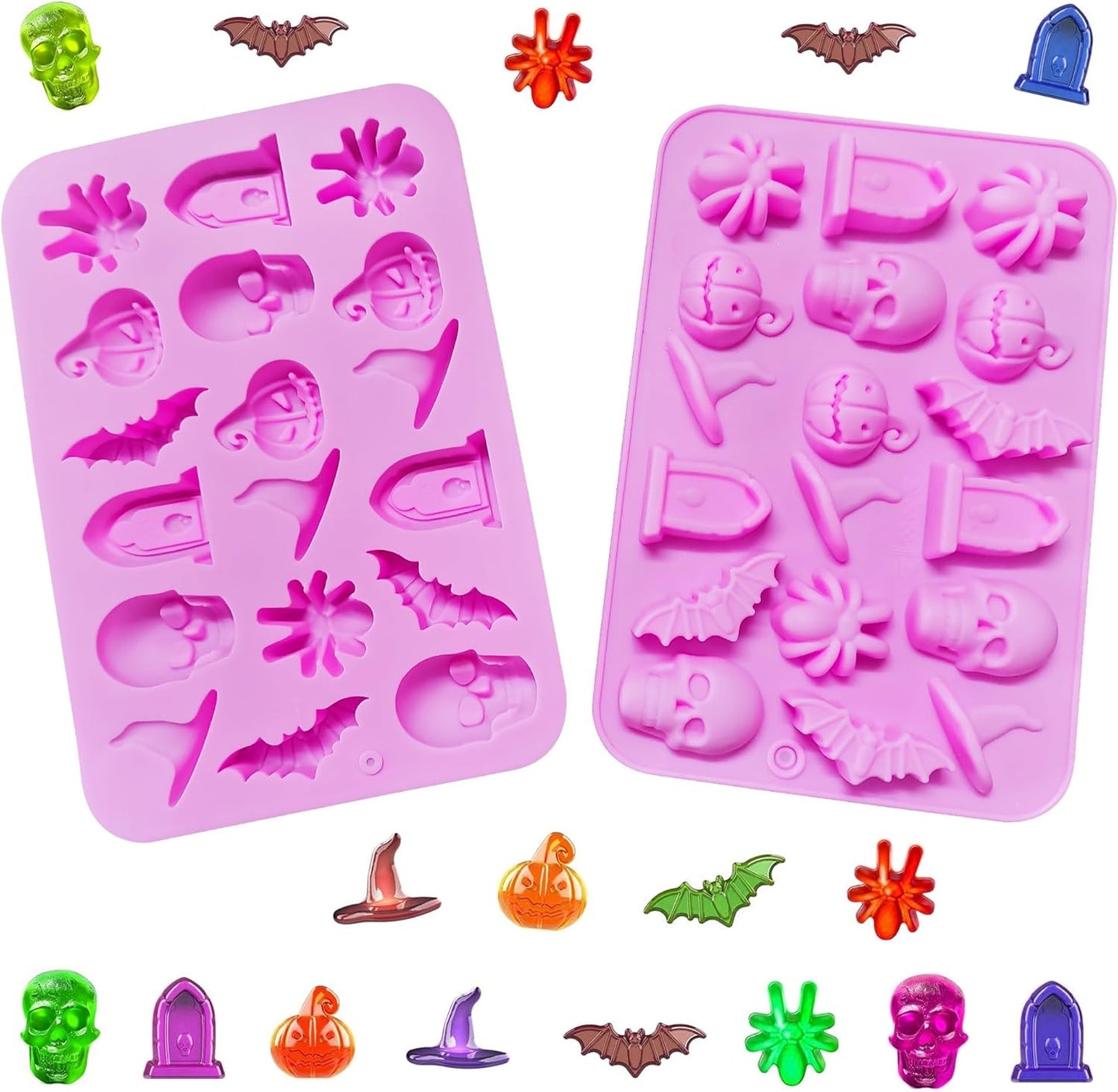 2 Pack Halloween Chocolate Molds, 18-Cavity Candy Molds with Skull Pumpkin Wizard Hat Bat Spider Tombstone for Chocolate Candy Gummy Jelly, Reusable Nonstick Halloween Molds for Baking